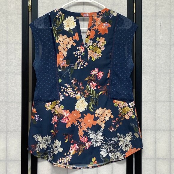 Daniel Rainn V Neck Sheer Keyhole Back Dot & Floral Top Navy Orange S Sleeveless - Picture 2 of 14